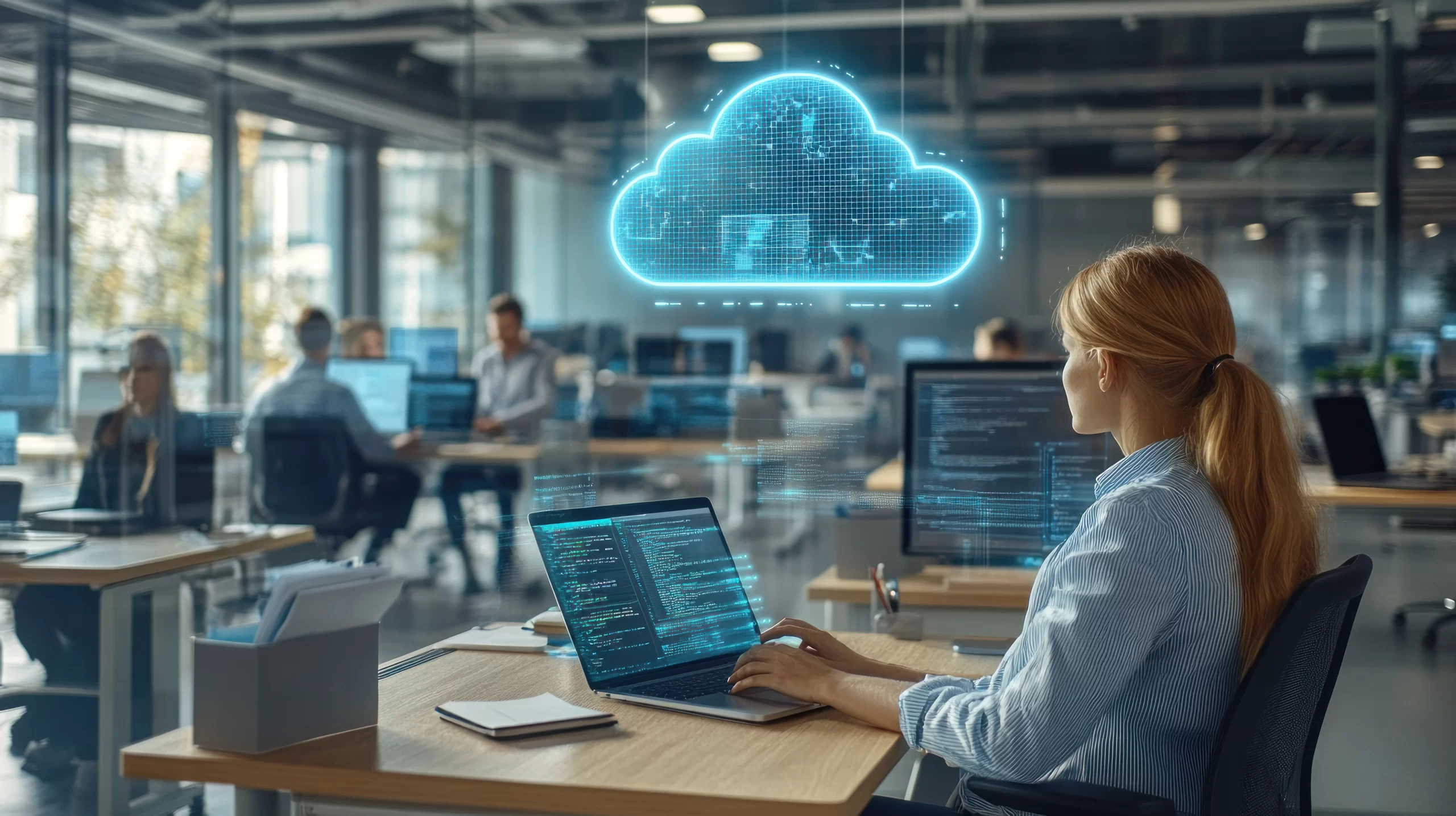 woman-working-office-with-cloud-background