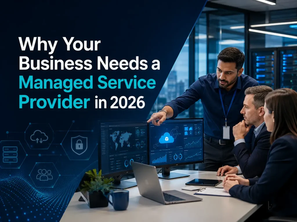 Business IT team reviewing managed services dashboards