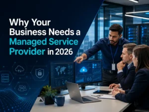 Business IT team reviewing managed services dashboards