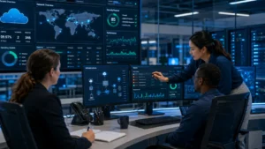 IT professionals monitoring business network and cloud systems